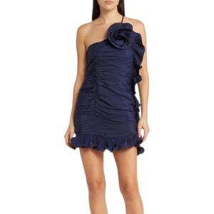 Moon River Navy Rosette Ruffle Trim One Shoulder Mini Dress S